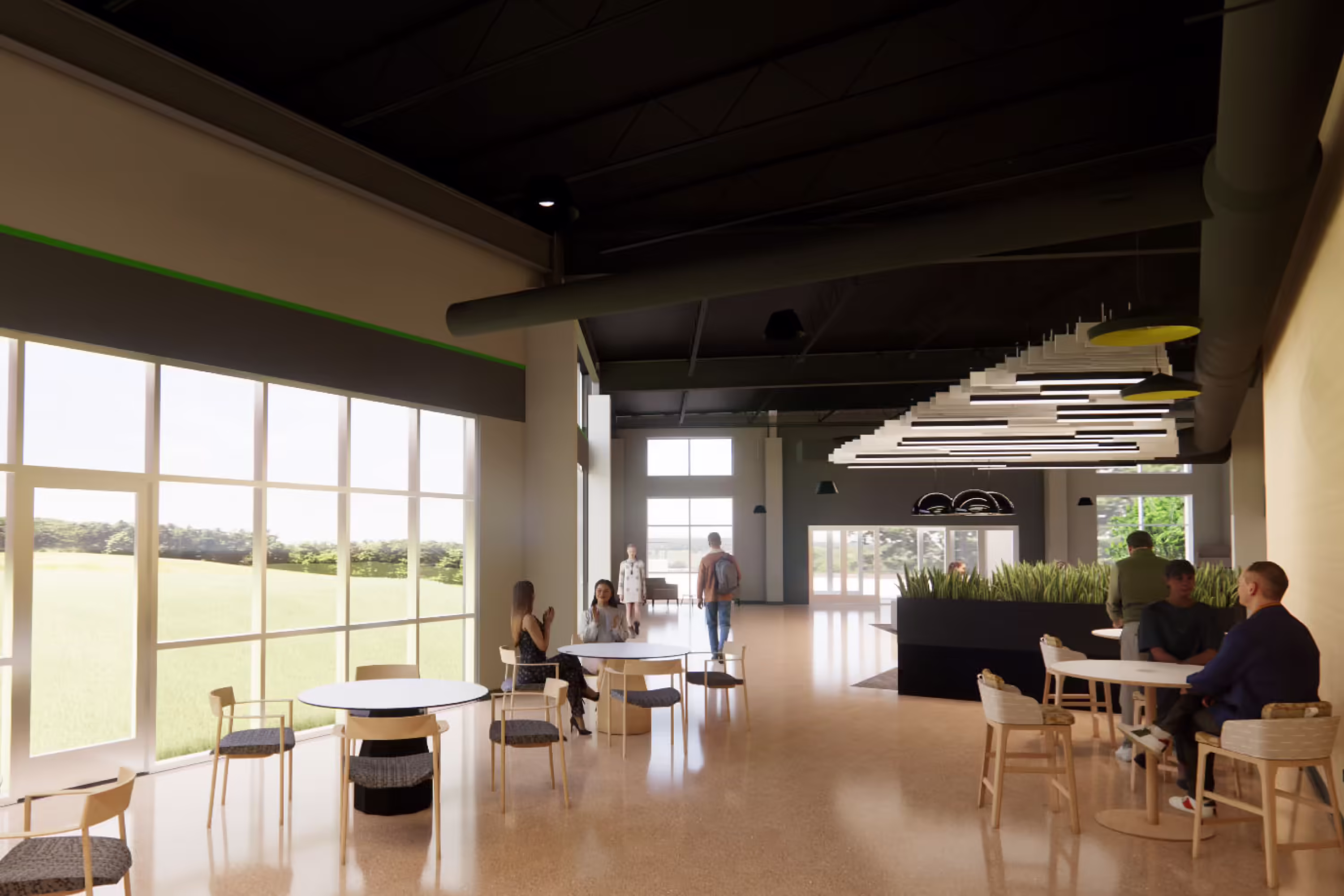 Architectural rendering of Calvary Church's expanded lobby, showing an open gathering space with seating areas and large windows.