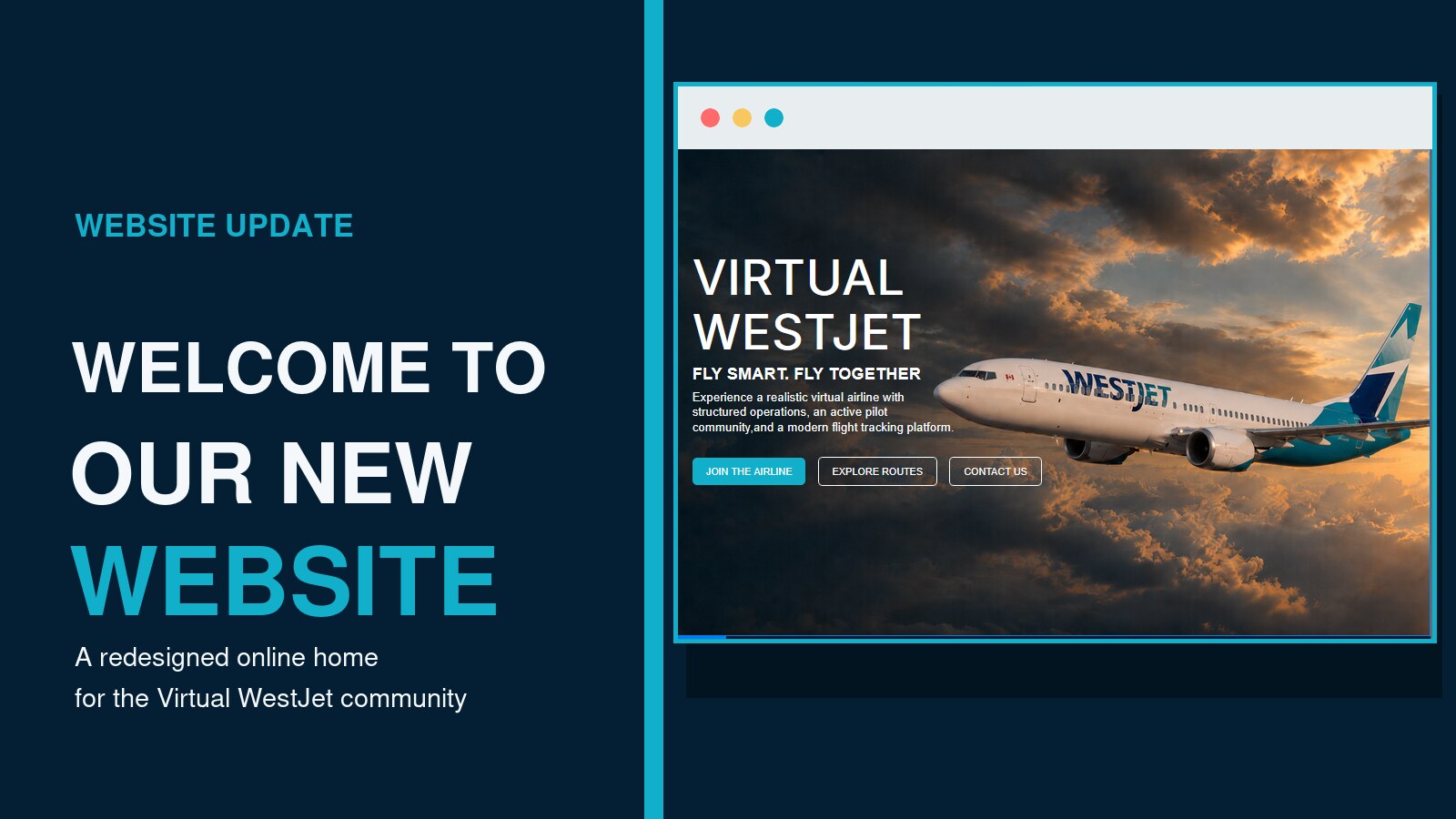 Browser-window preview of the redesigned Virtual WestJet homepage featuring a WestJet aircraft above the clouds