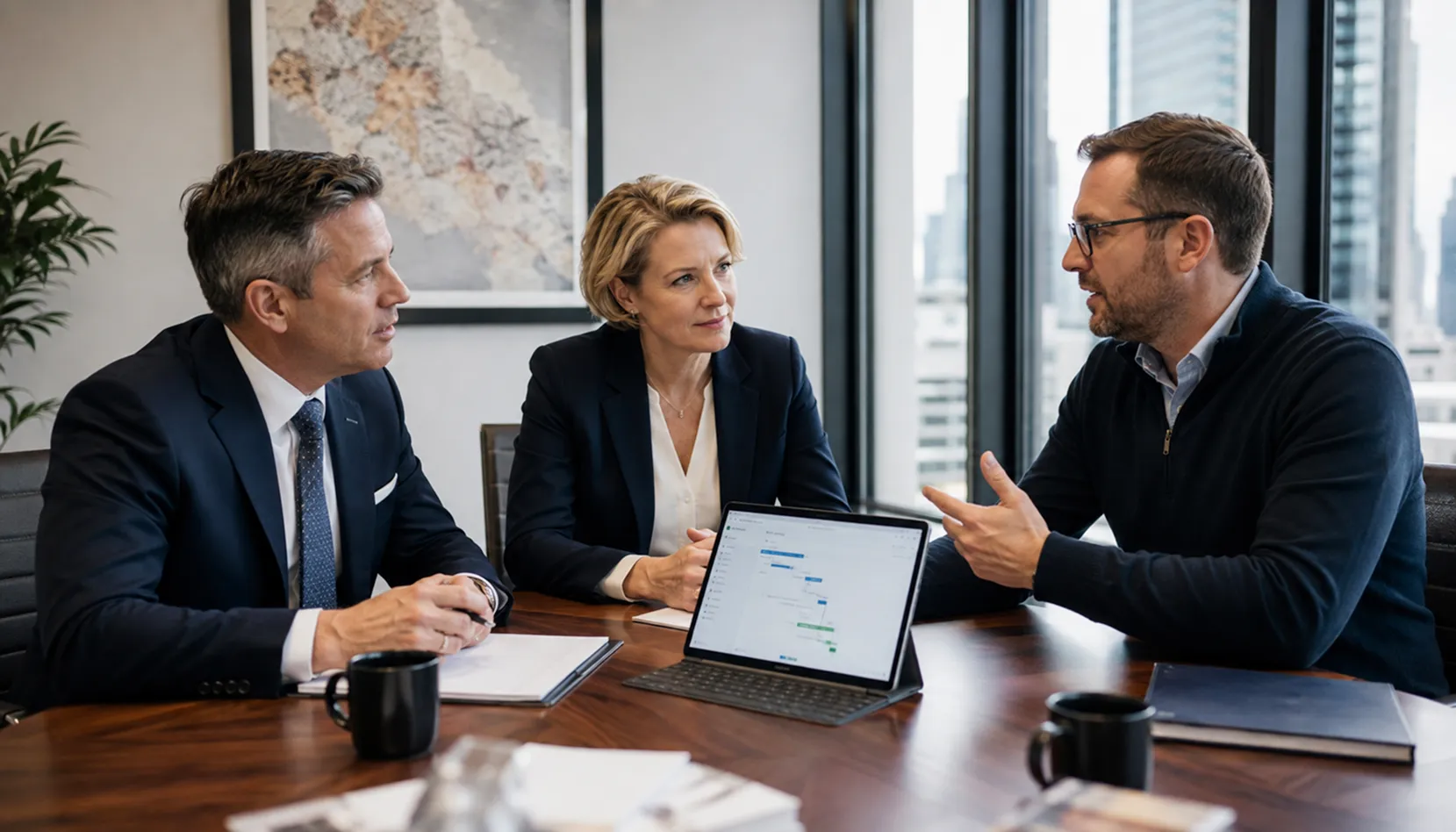 Legal professionals working with business technology in a law office