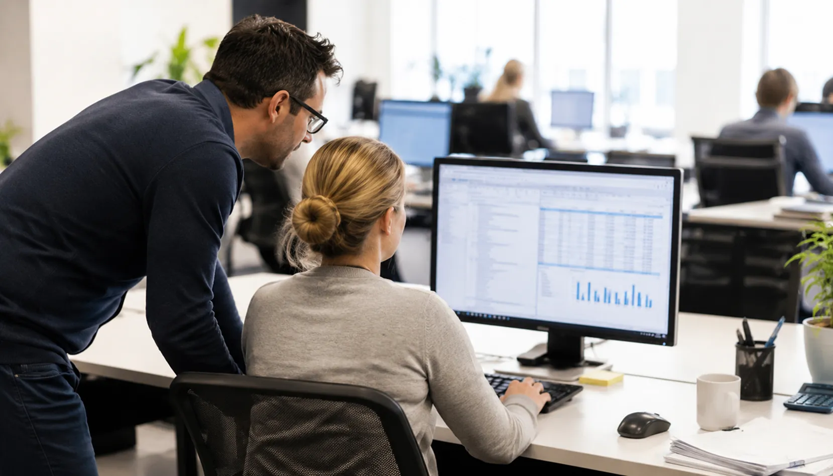 Accounting and finance professionals using business technology in an office
