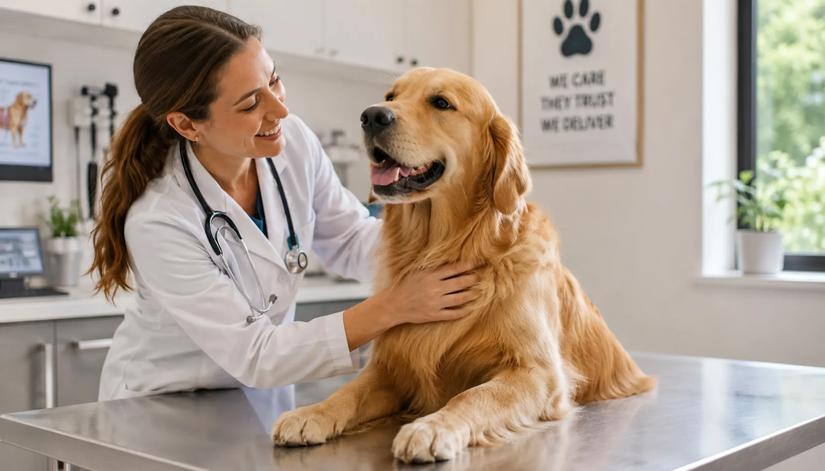 Veterinary professionals using technology in a modern animal care clinic