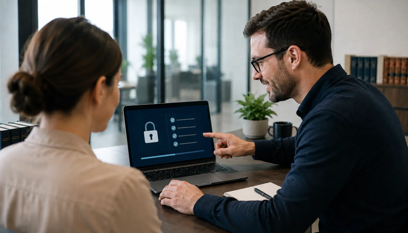 Legal professionals working with business technology in a law office