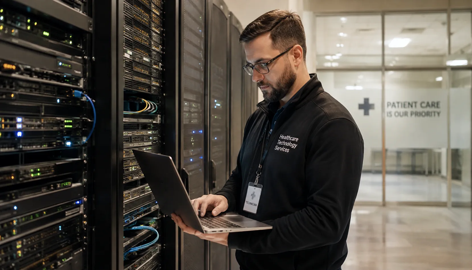 IT technician supporting healthcare systems and infrastructure