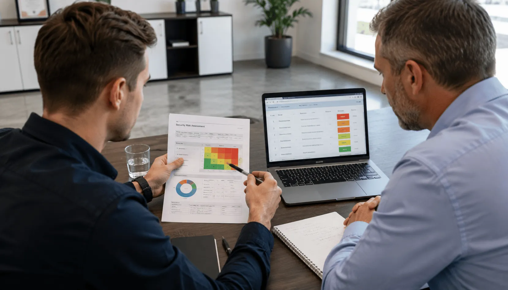 Cybersecurity consultant reviewing a security risk assessment with a client