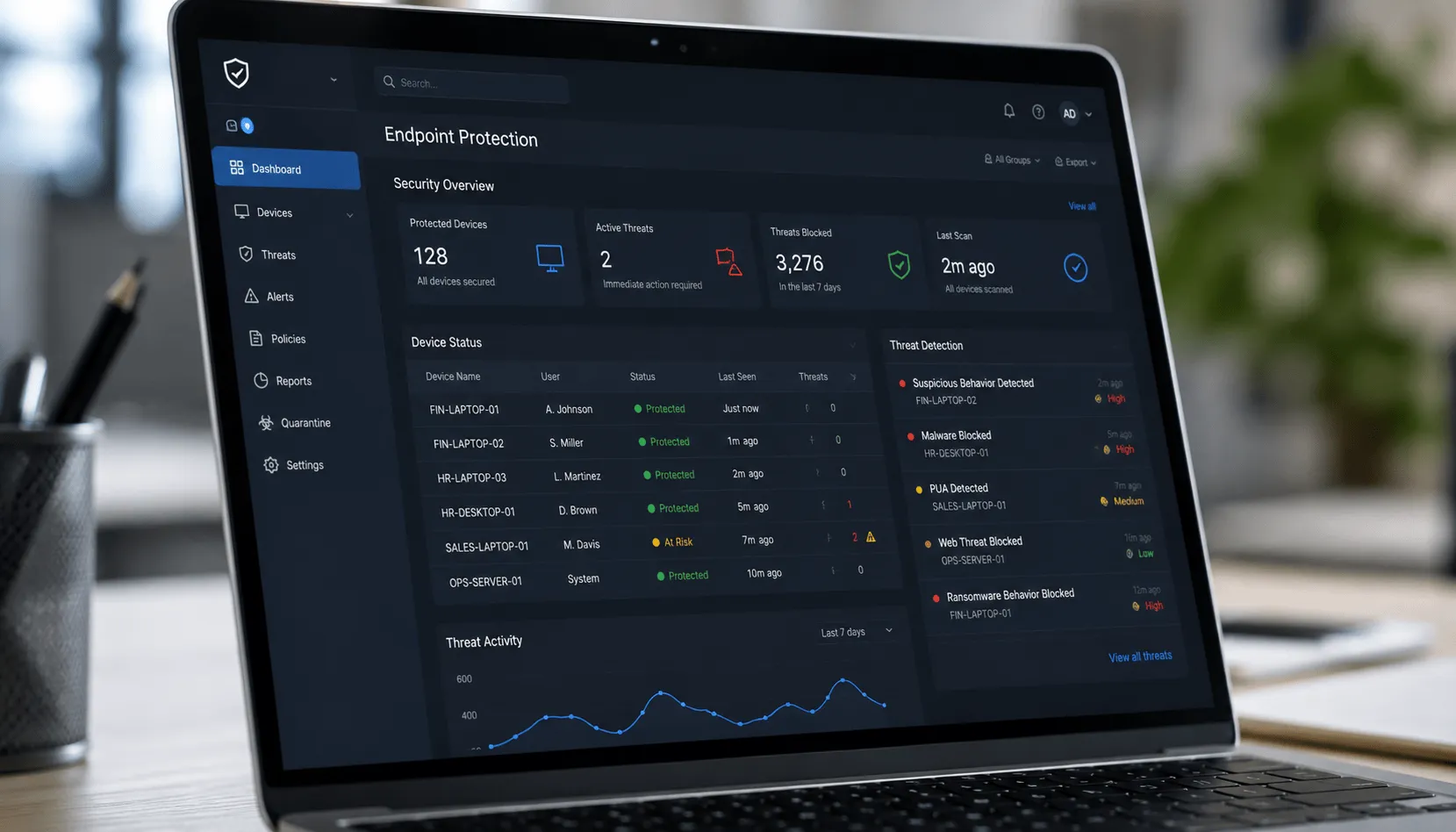 Endpoint security dashboard monitoring protected devices and active threats