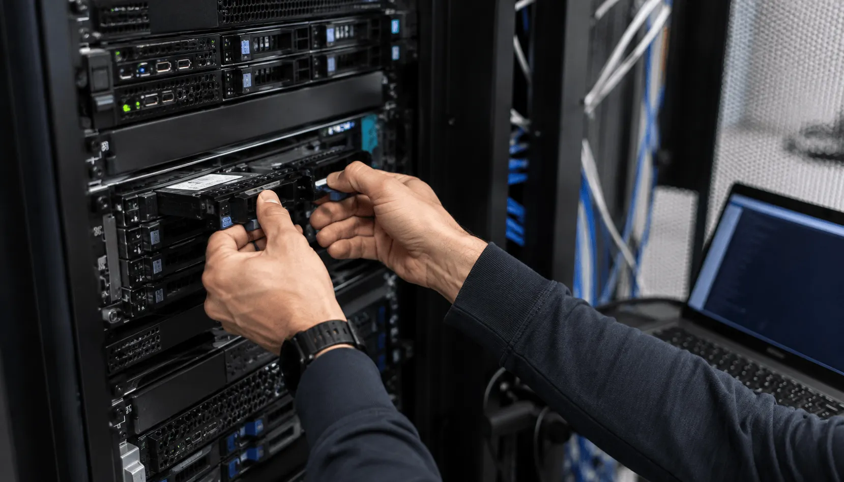 IT technician managing and maintaining business server hardware