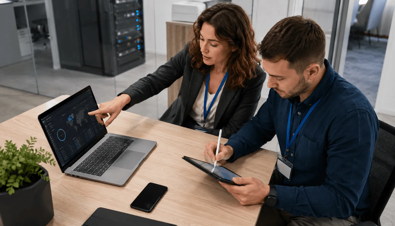IT professionals monitoring business network performance and system activity