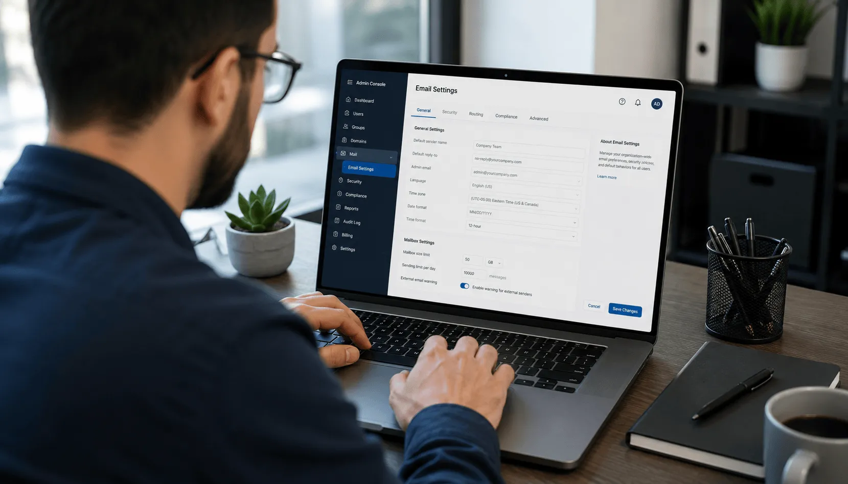 IT administrator managing business email platform settings