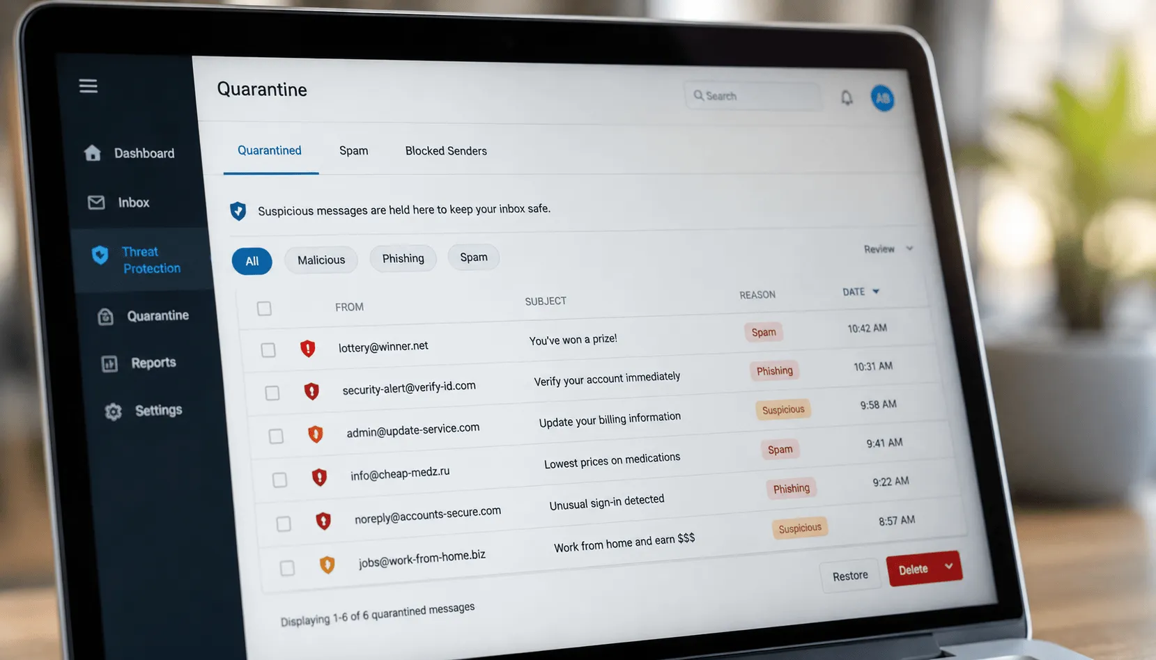 Email security dashboard showing quarantined spam and phishing messages
