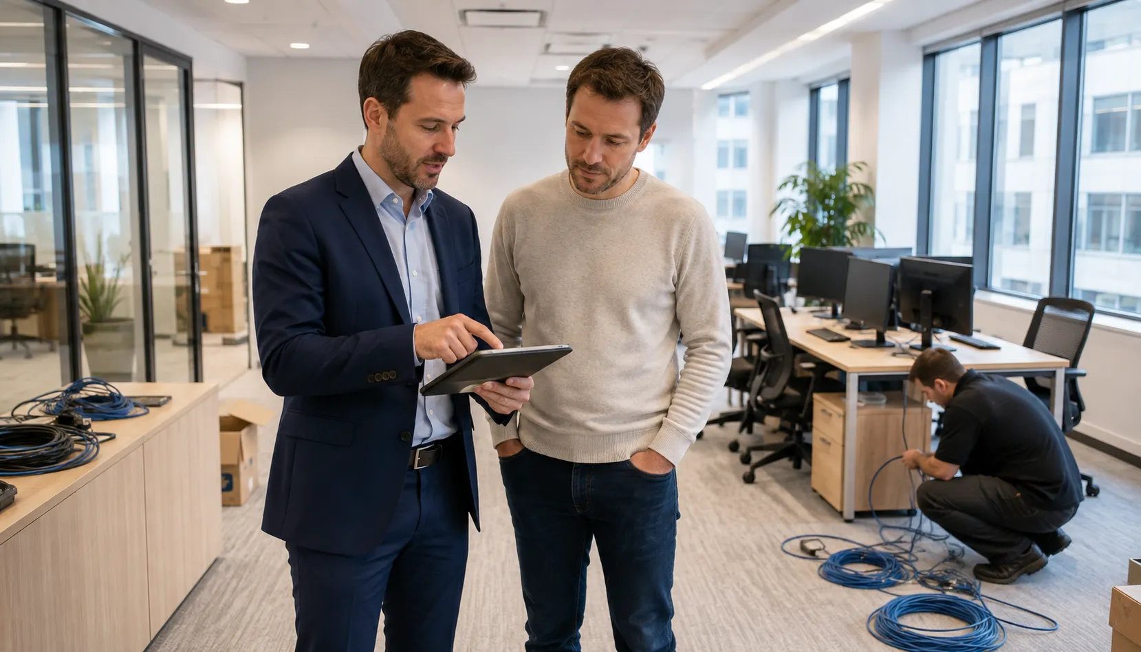 IT consultant reviewing an office technology build-out with a business owner