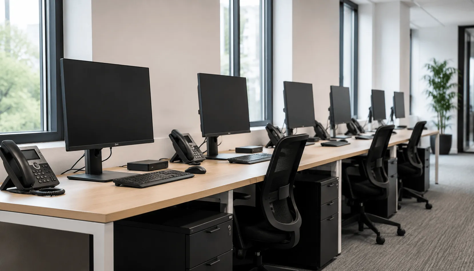 Newly deployed office workstations with monitors and business phones