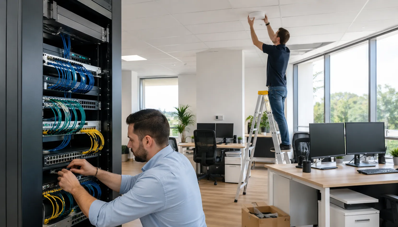 IT technicians installing network and collaboration equipment in an office