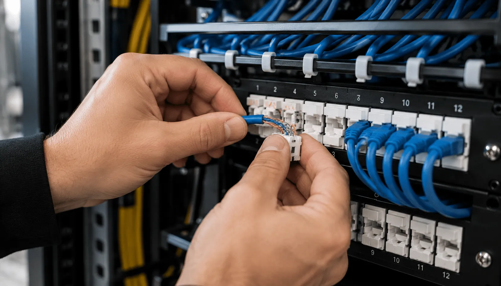 IT technician connecting structured network cabling to a patch panel