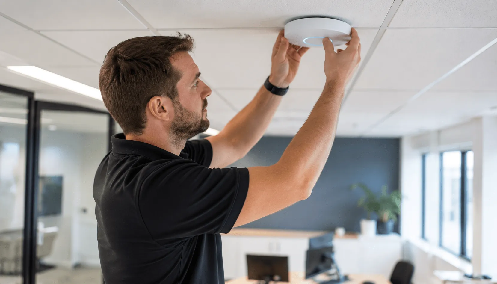 IT technician installing a Wi-Fi access point in an office