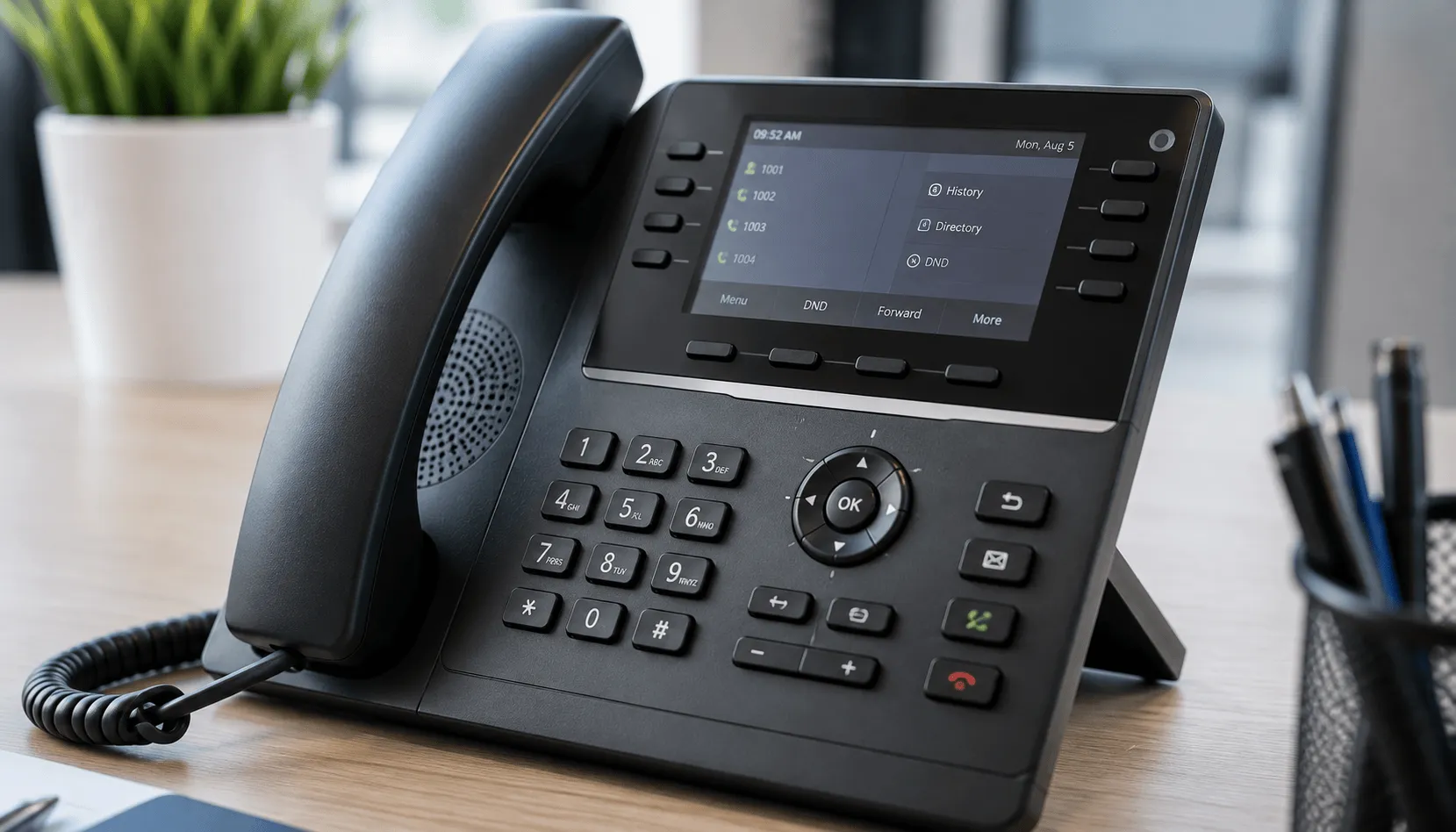 VoIP business phone system on an office desk