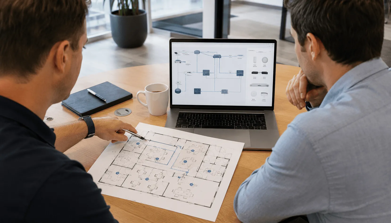 IT professionals reviewing an office technology and network infrastructure plan
