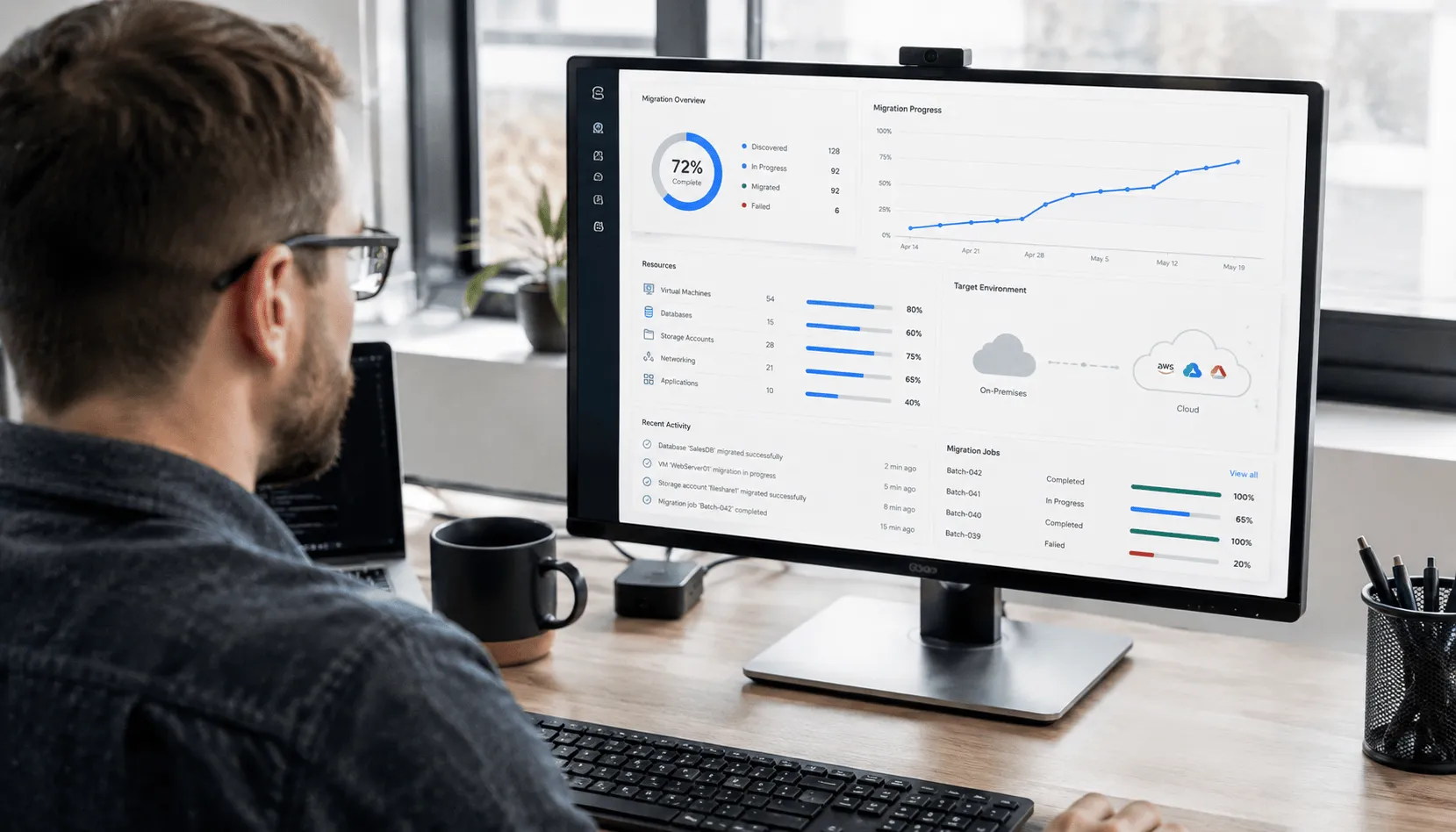 IT specialist monitoring business infrastructure migration to the cloud