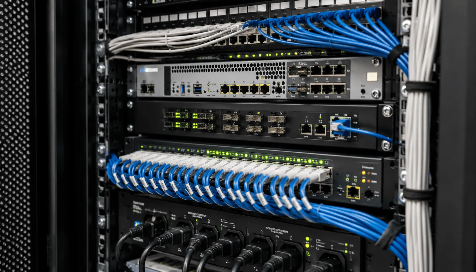 Network rack with switches and structured cabling for business IT infrastructure