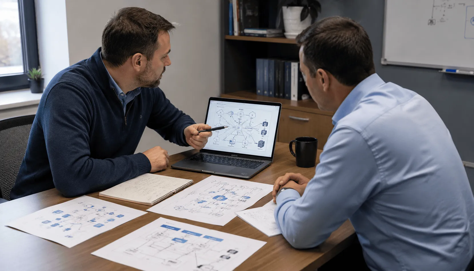 IT consultant reviewing infrastructure architecture and network plans with a client