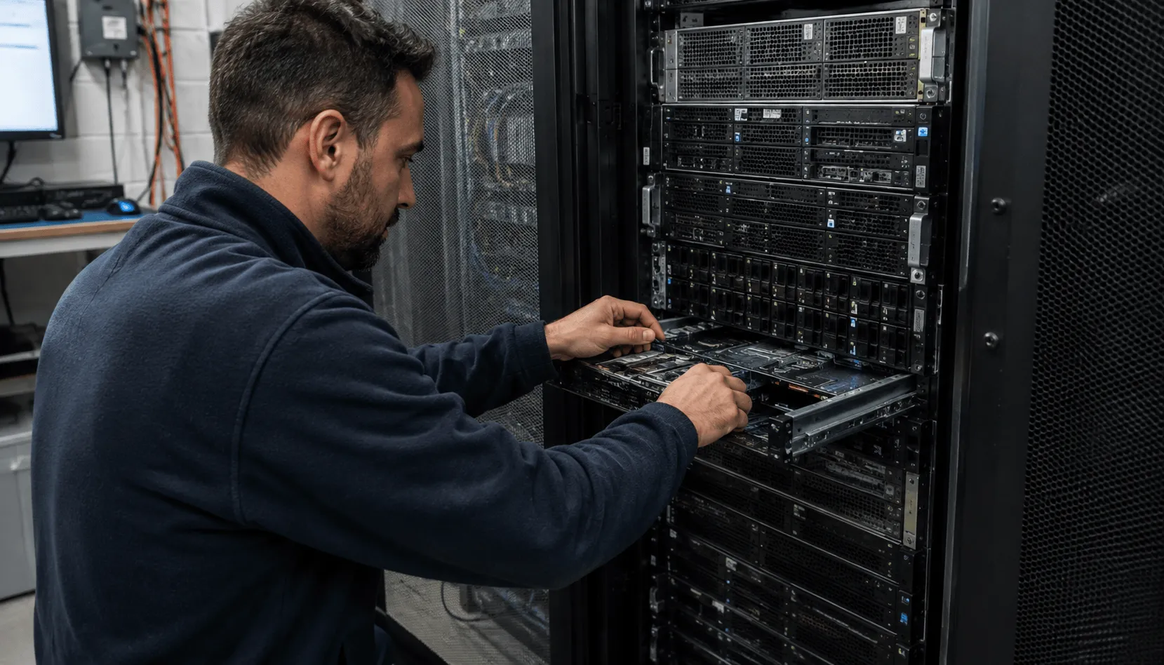 IT technician maintaining business server infrastructure in a server room