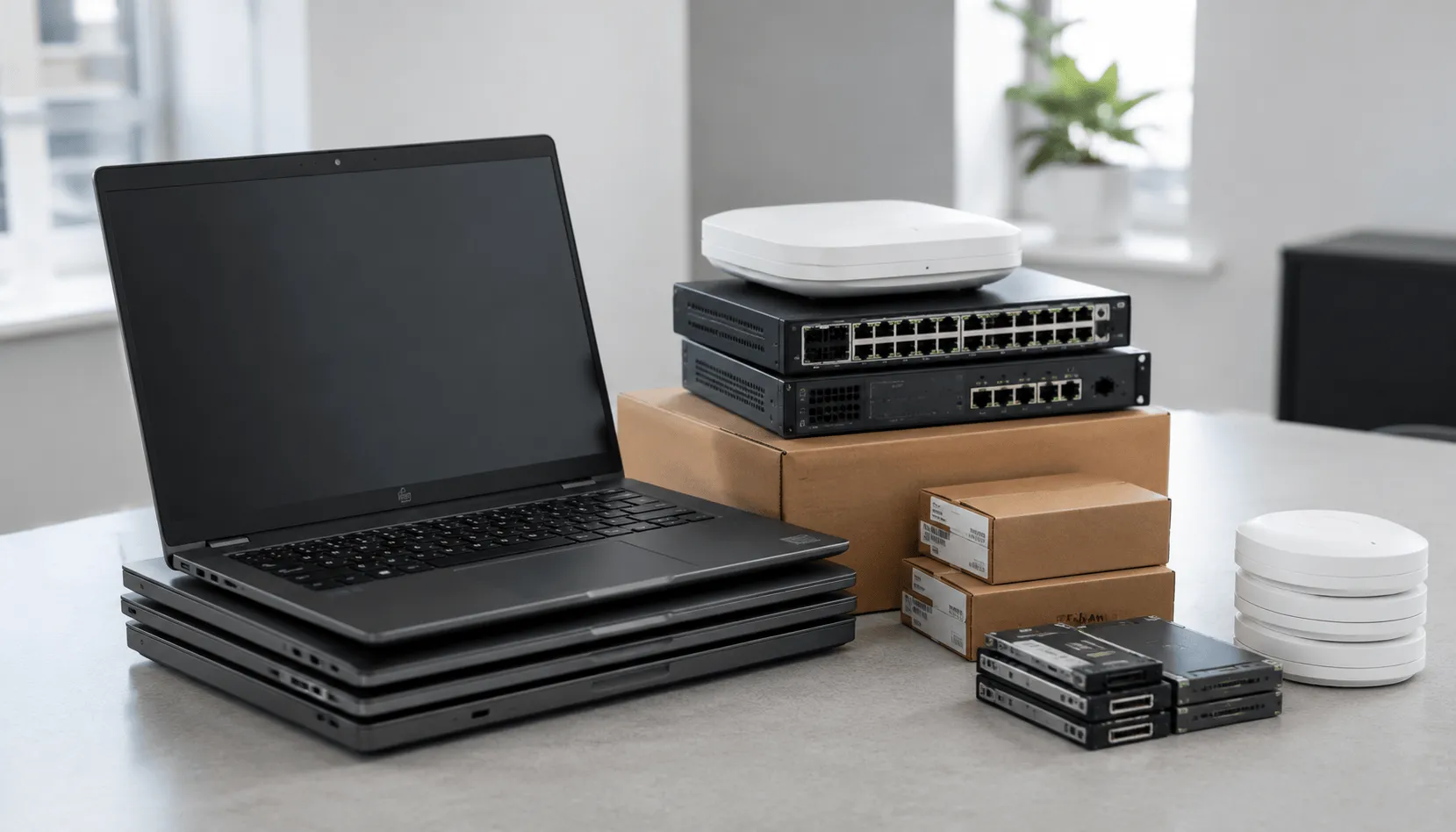 Business laptops and network equipment prepared for IT hardware deployment