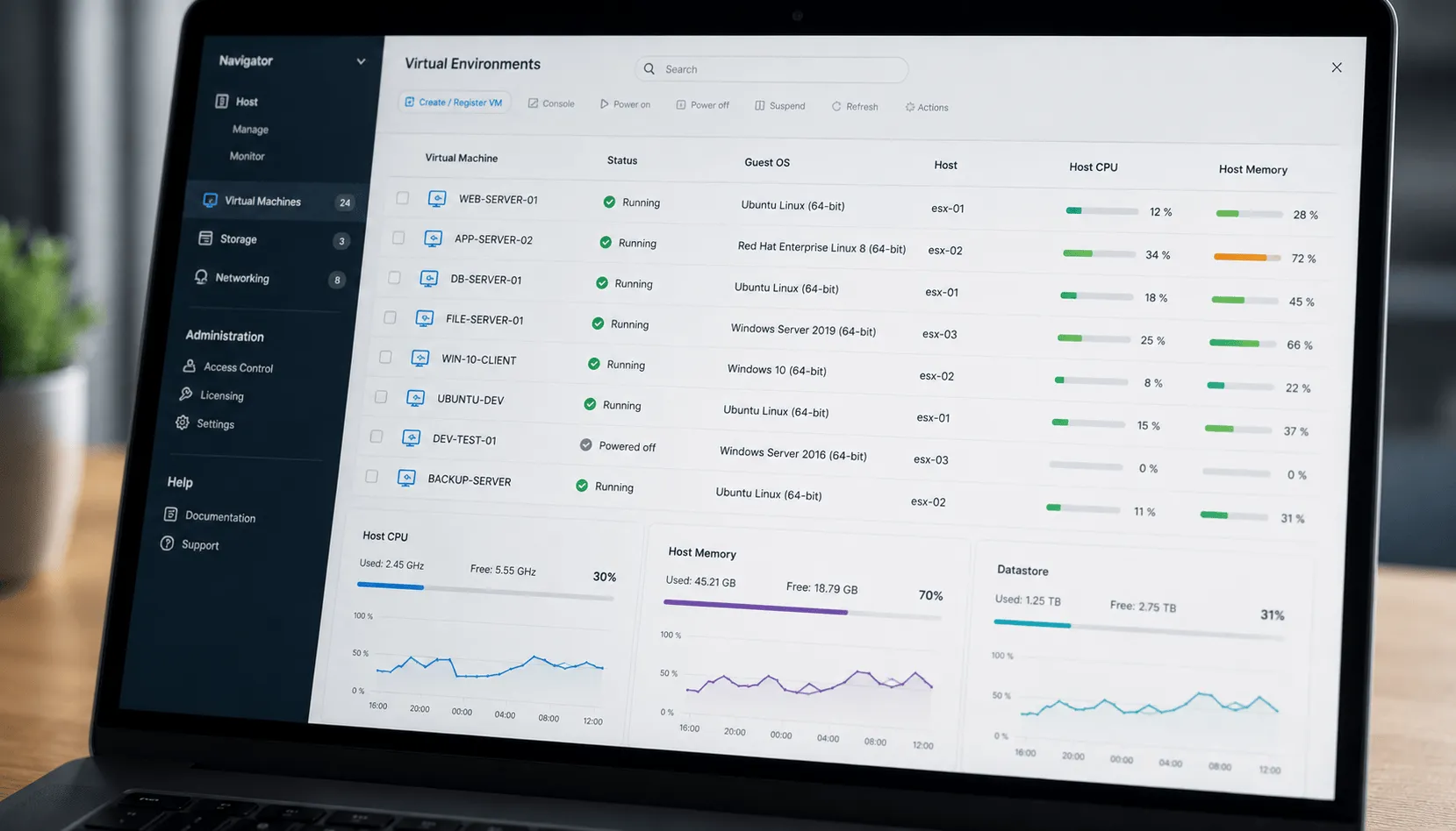 Virtual machine management dashboard showing server resources and system status