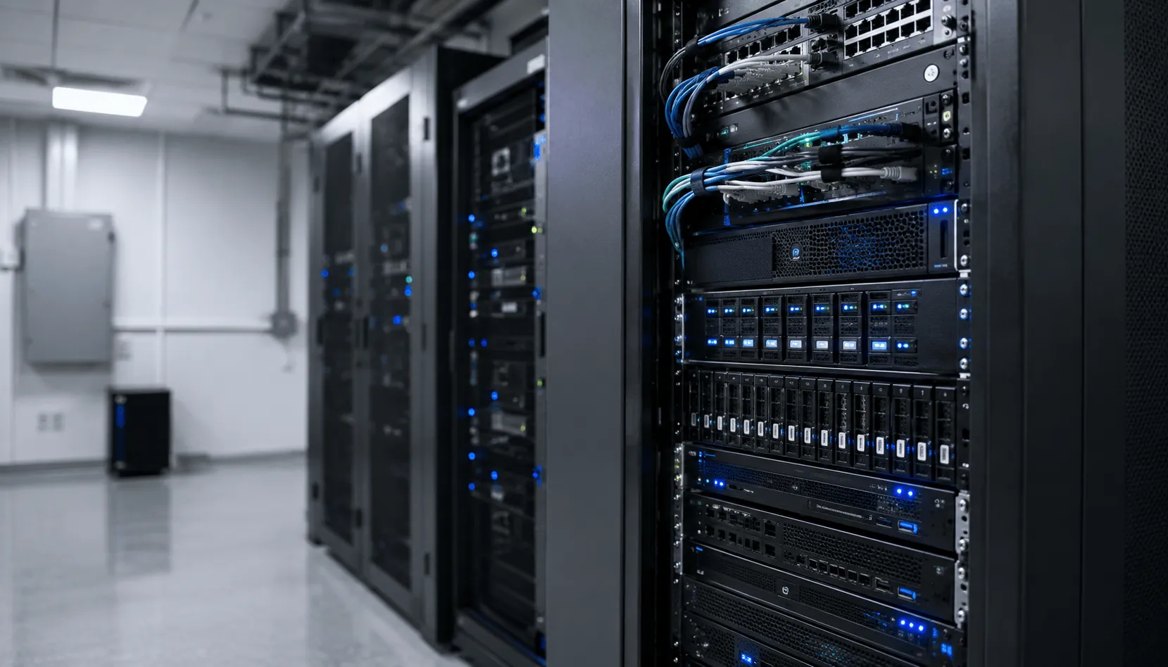 Business server racks supporting IT infrastructure and cloud services