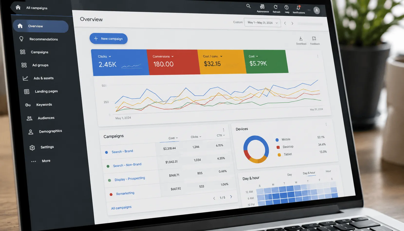 Paid advertising dashboard showing campaign clicks, conversions, and performance