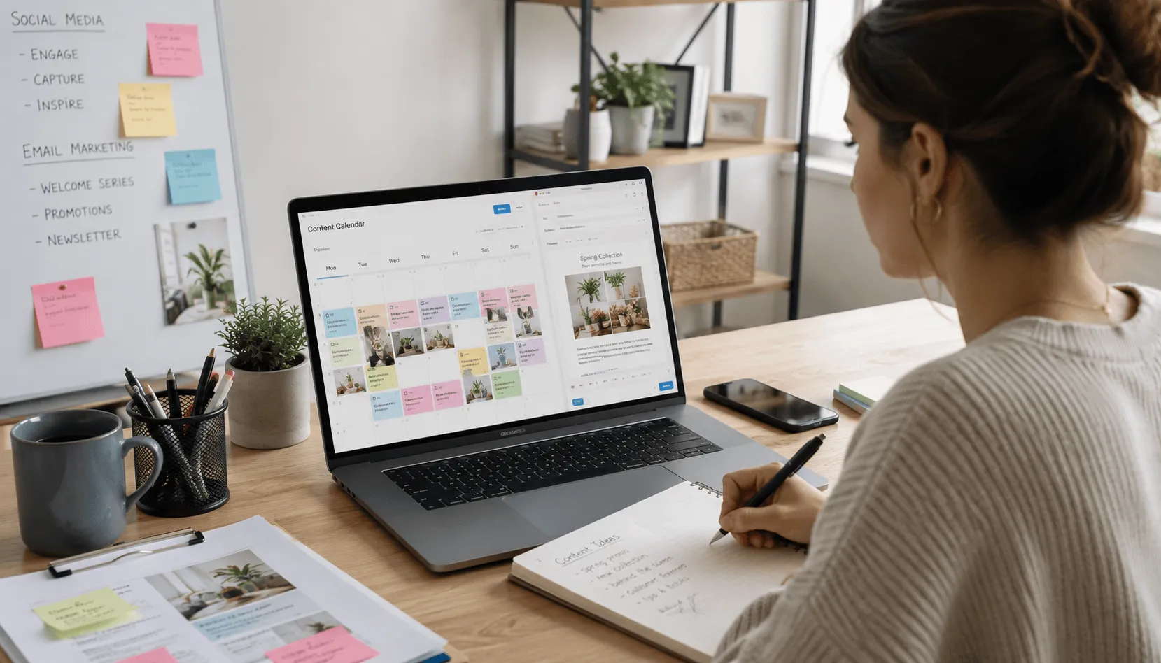 Marketing professional planning social media content and email campaigns