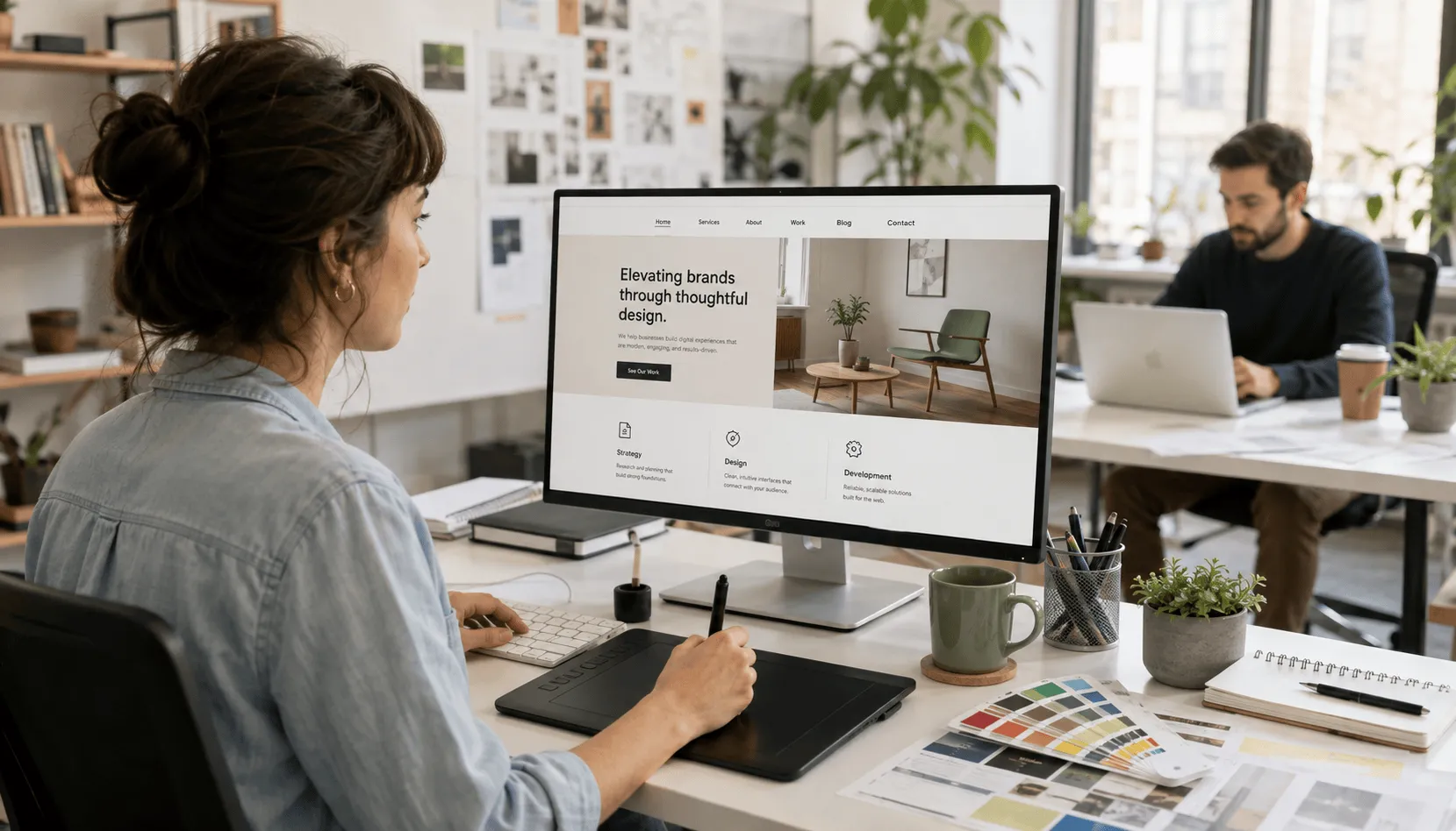 Web designer working on a business website in a creative office