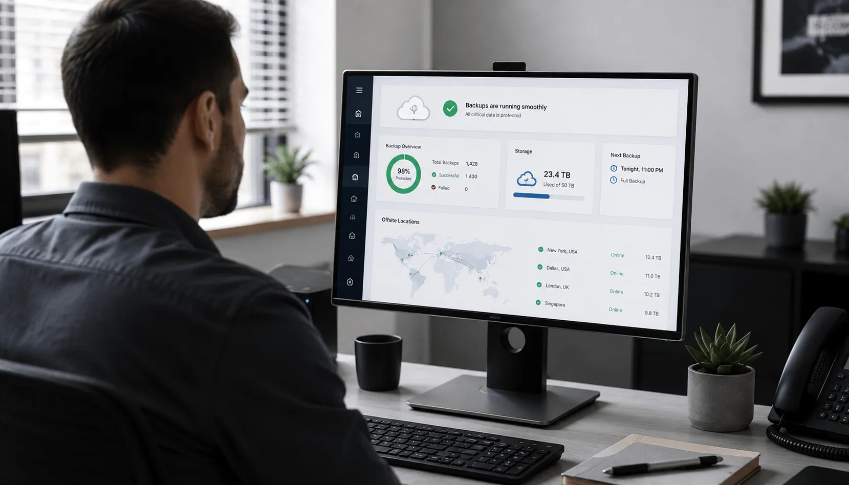 IT professional monitoring cloud and offsite backup locations