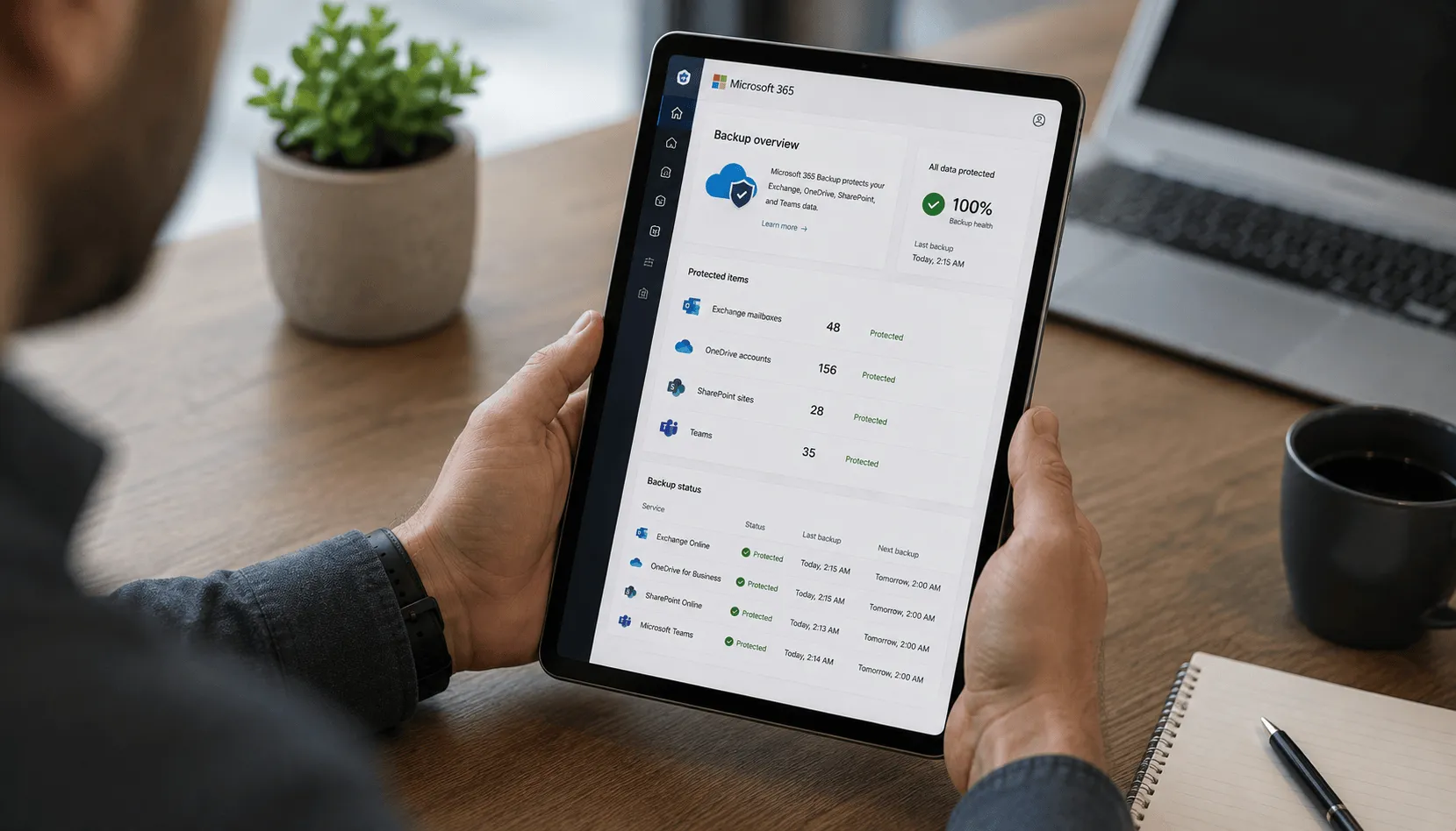 Microsoft 365 backup dashboard displayed on a tablet