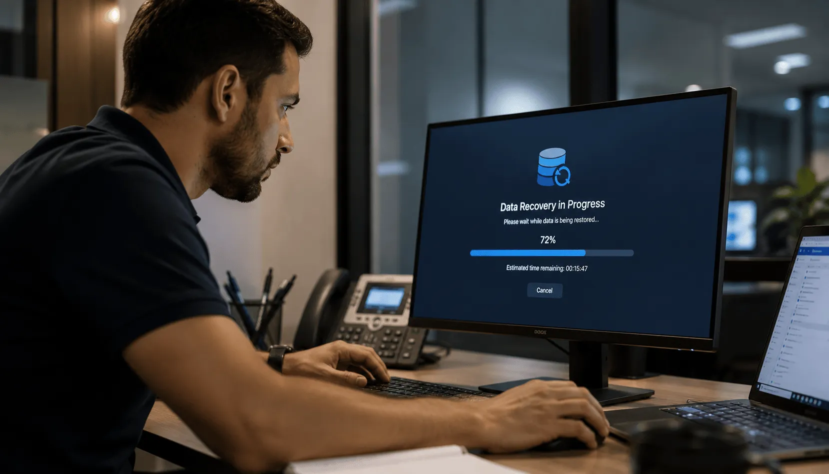 IT professional monitoring a data recovery process on a computer
