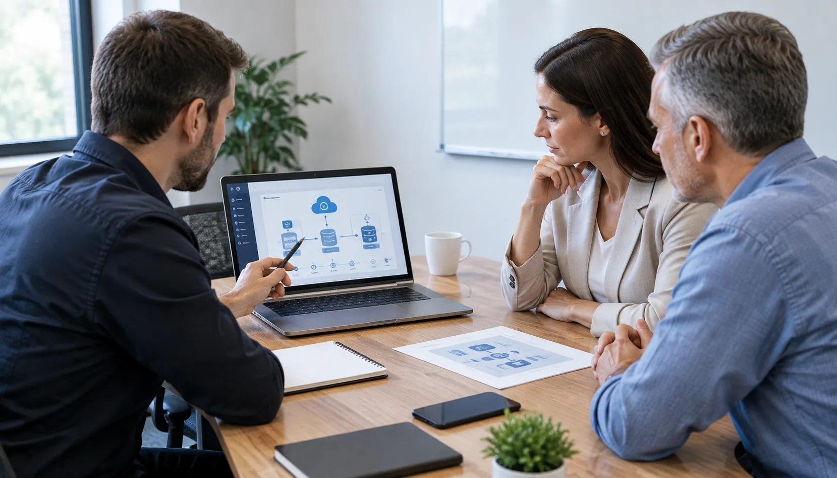IT consultant reviewing a disaster recovery plan with business owners