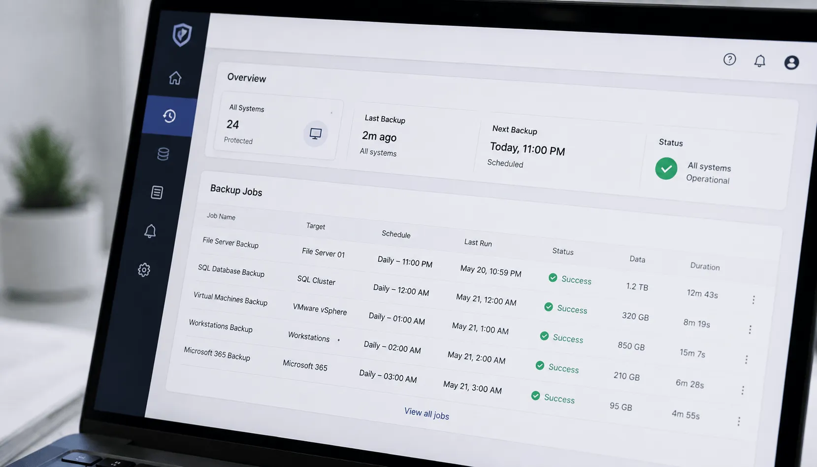Automated data backup dashboard showing scheduled backup jobs and system status