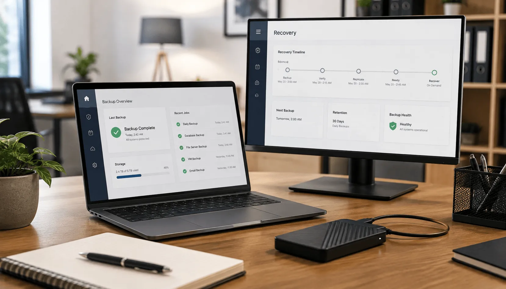 Business data backup and disaster recovery dashboards in an office