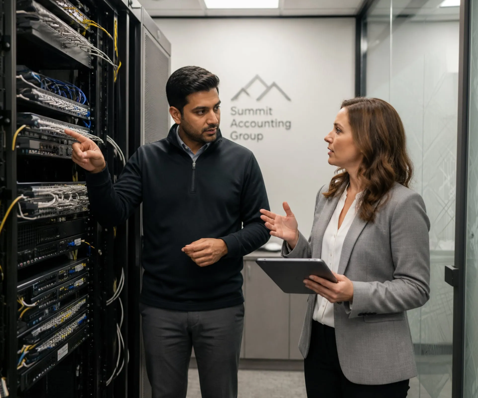 Accounting and finance professionals using business technology in an office