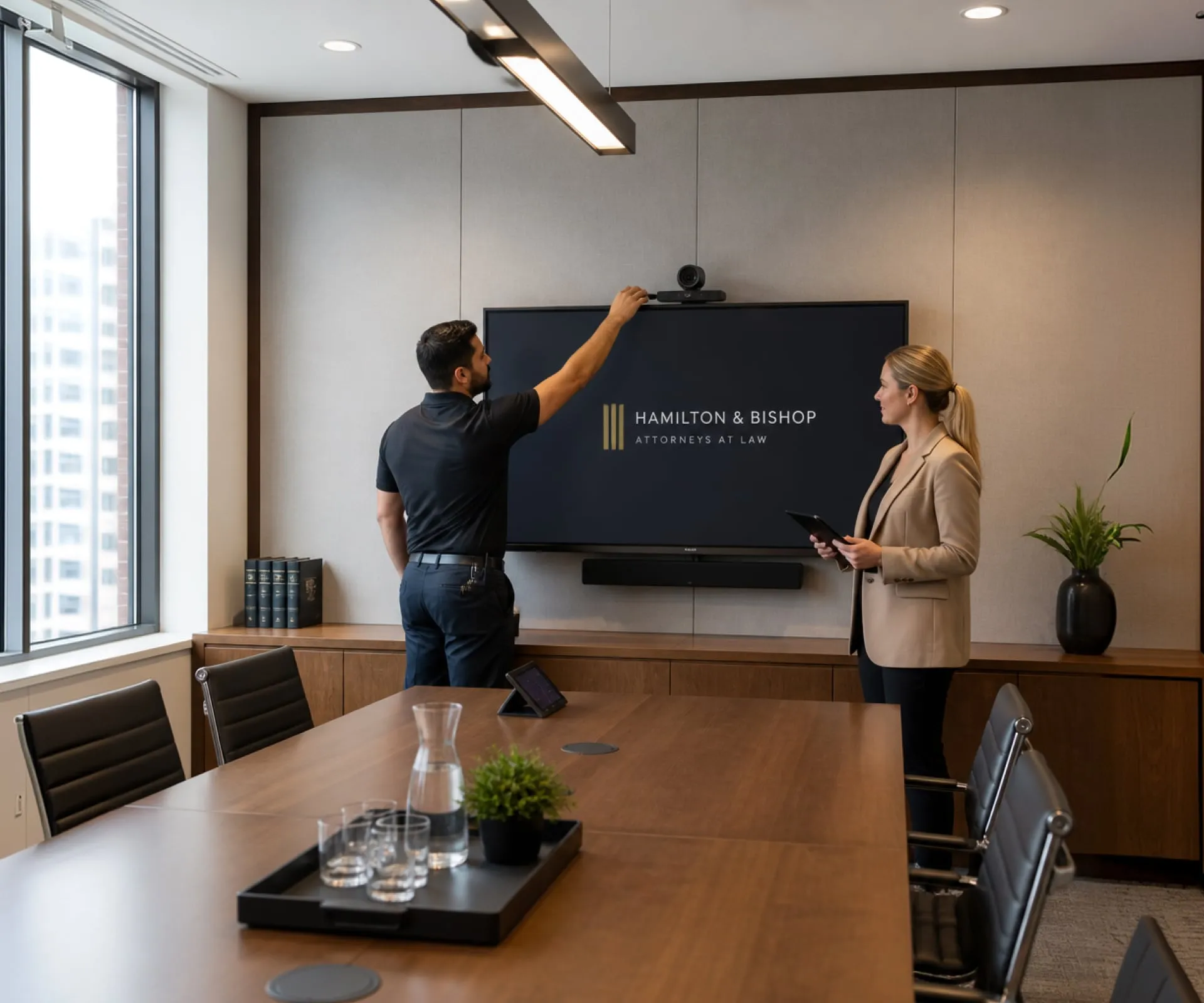 Legal professionals working with business technology in a law office