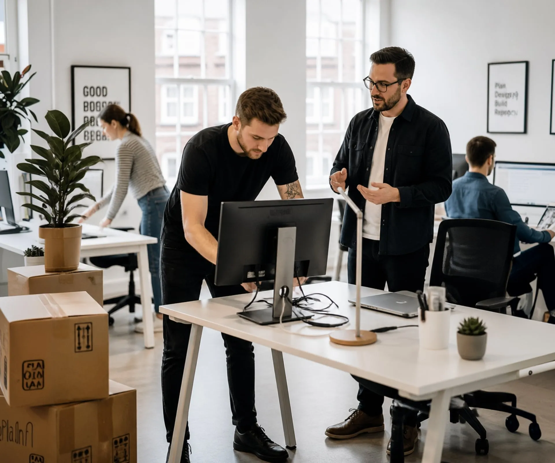 Small business professionals using technology in a modern office