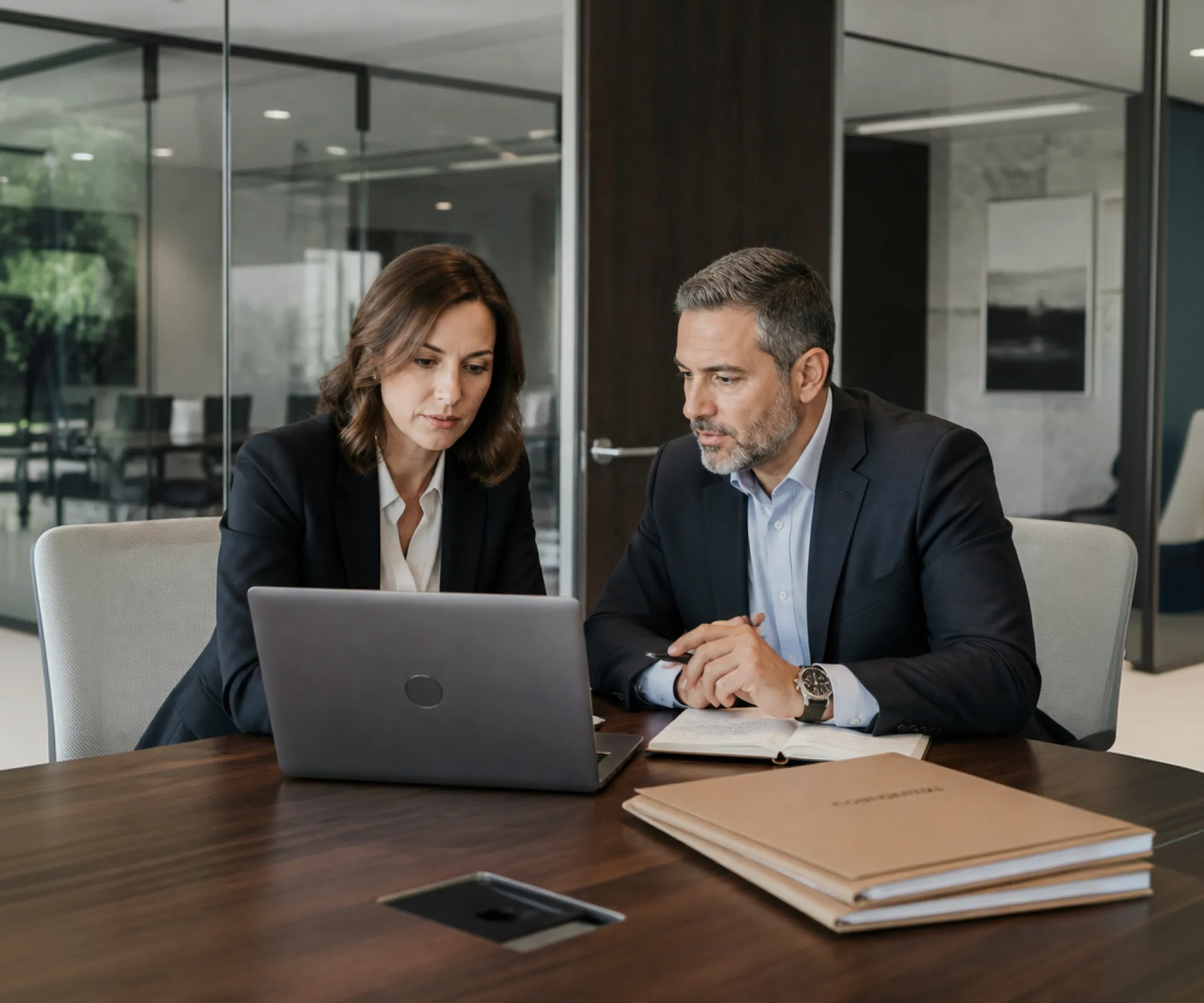 Legal professionals working with business technology in a law office