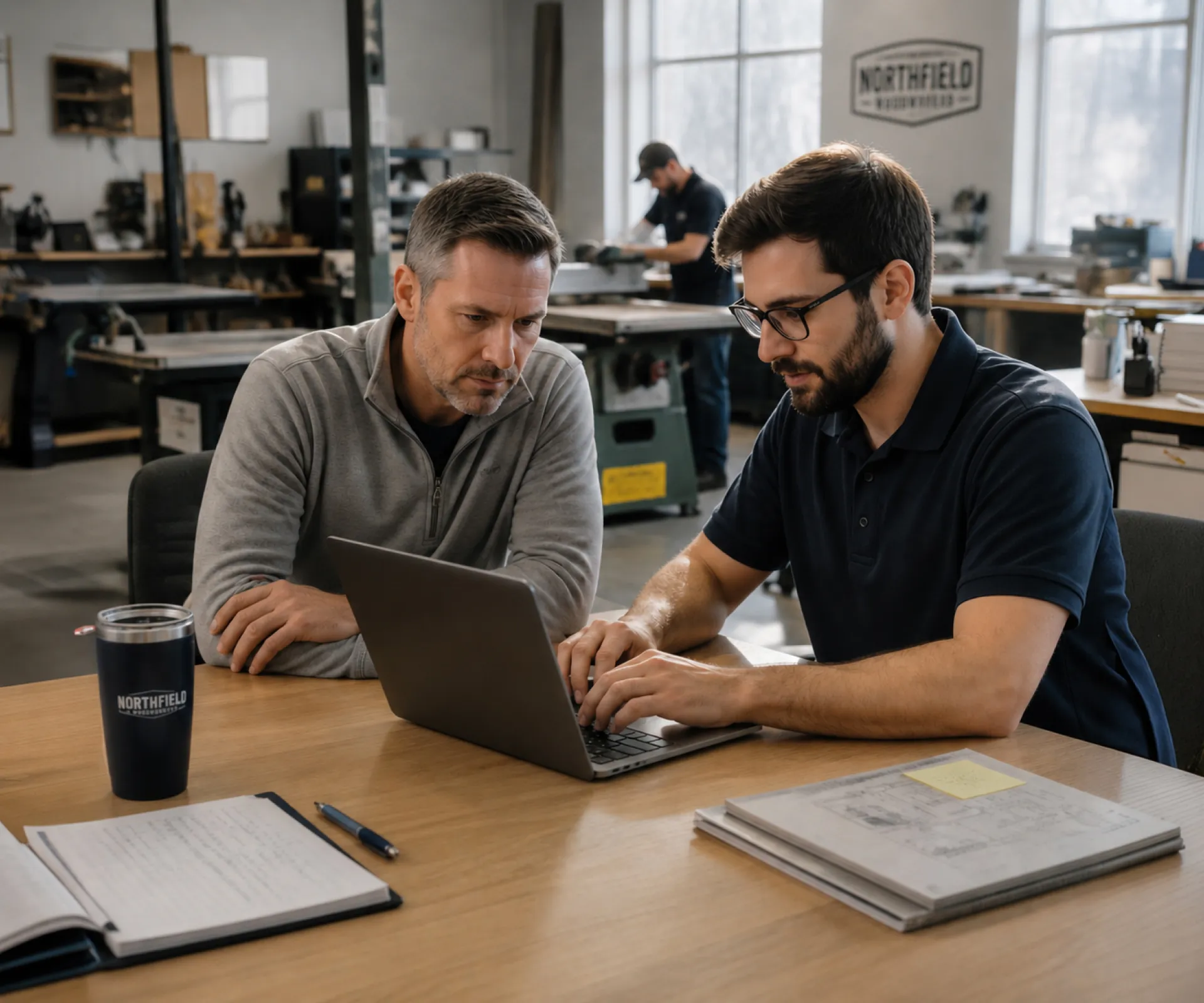 Small business professionals using technology in a modern office