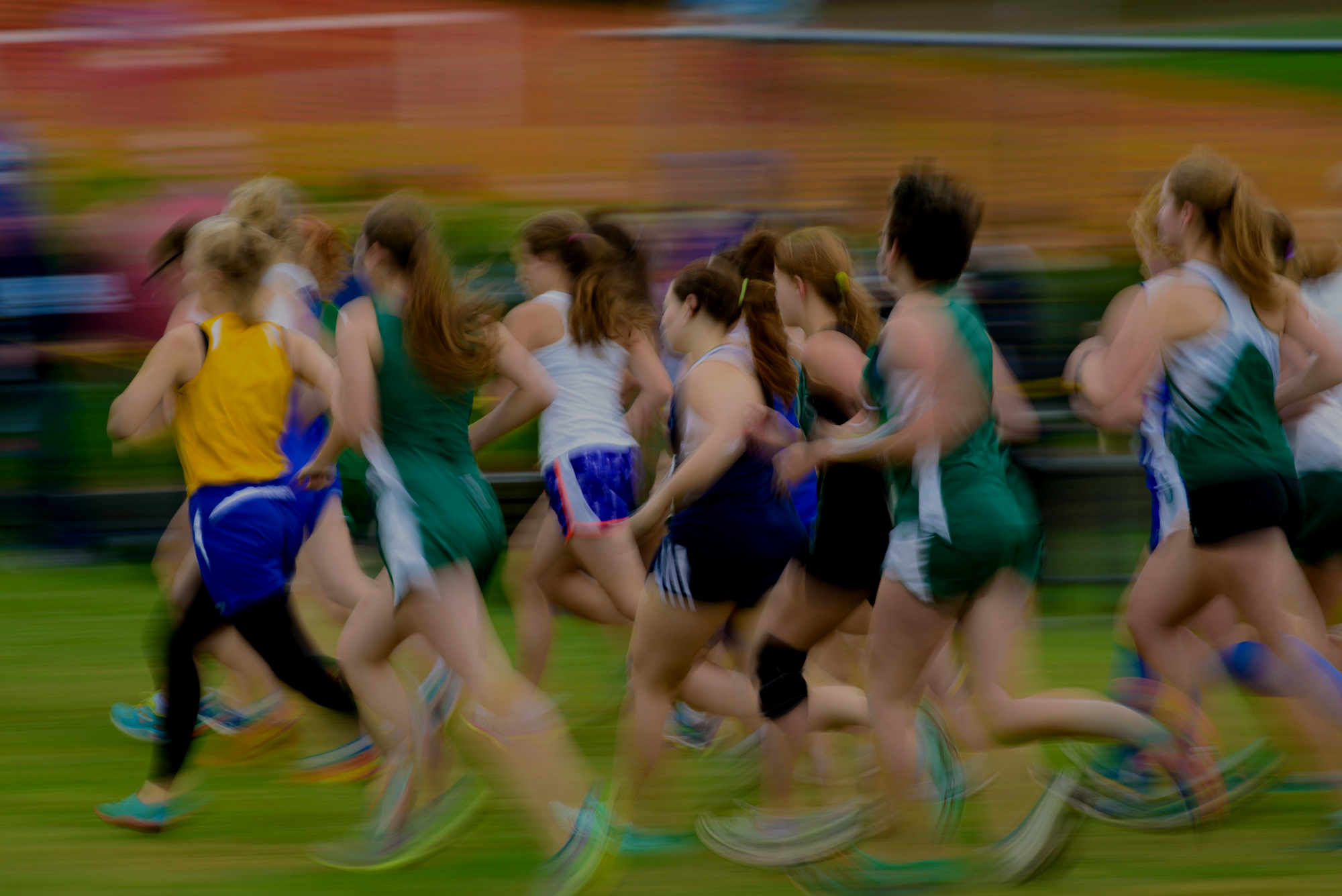 High school cross country runners racing across a grass course