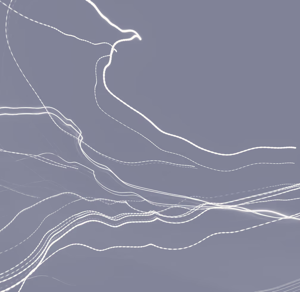 Abstract image with wavy, white, glowing lines on a muted grey background creating a dynamic, flowing pattern.