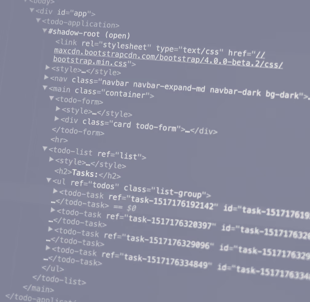 Screenshot of HTML-like markup code for a to-do application showing elements including app container, shadow root, stylesheet link, navigation bar, main container, to-do form, and list with tasks labeled by unique references and IDs, styled with Bootstrap CSS.