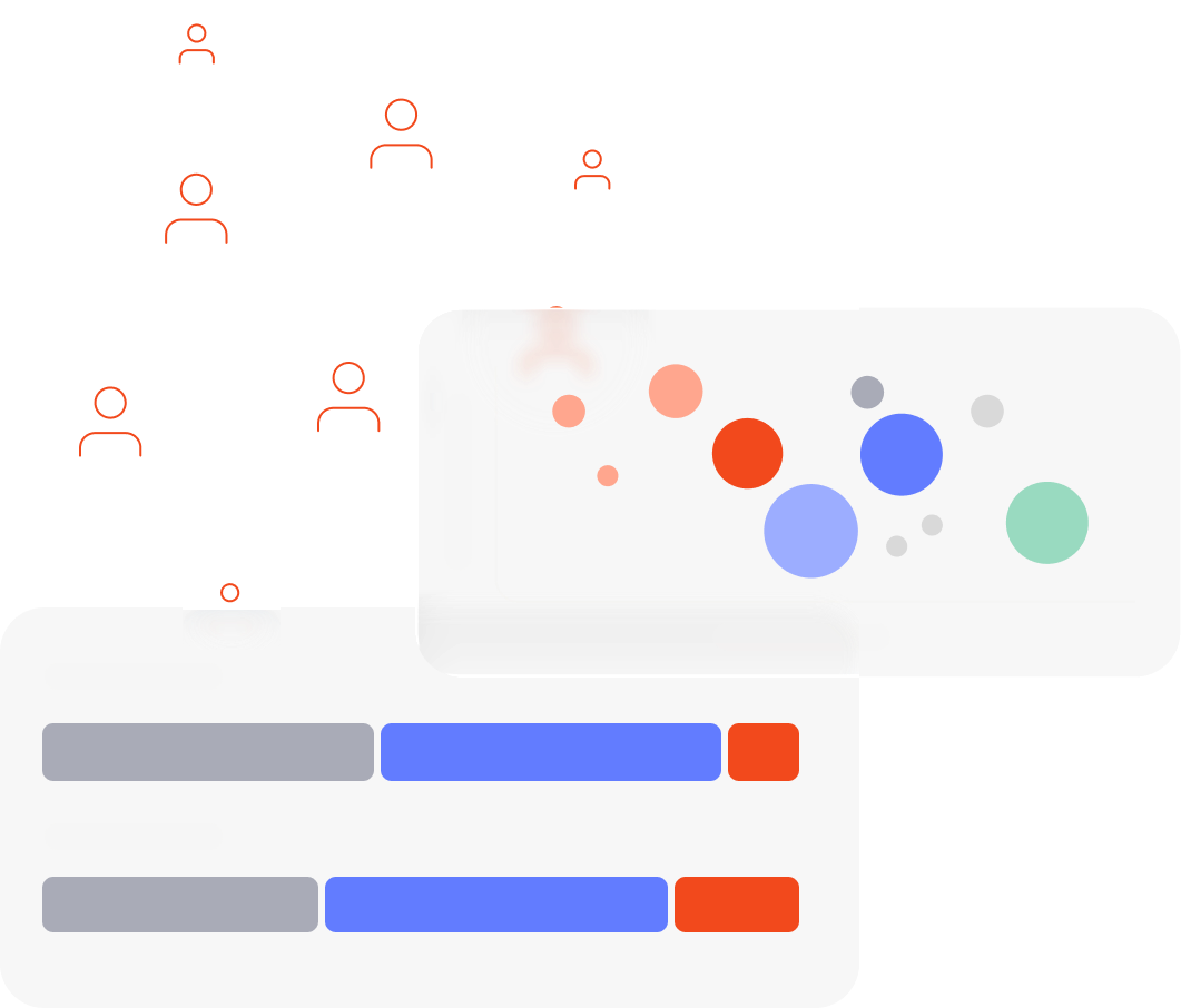 Stylised graphic showing user avatars as orange outlines in white circles and two overlapping smartphone screens displaying colourful circular icons and blue and red rectangular buttons in a messaging or social media app interface.
