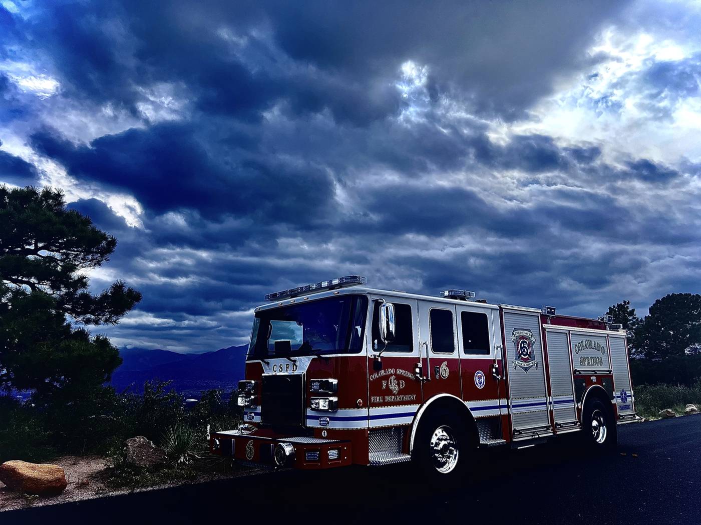 Engine under a storm sky