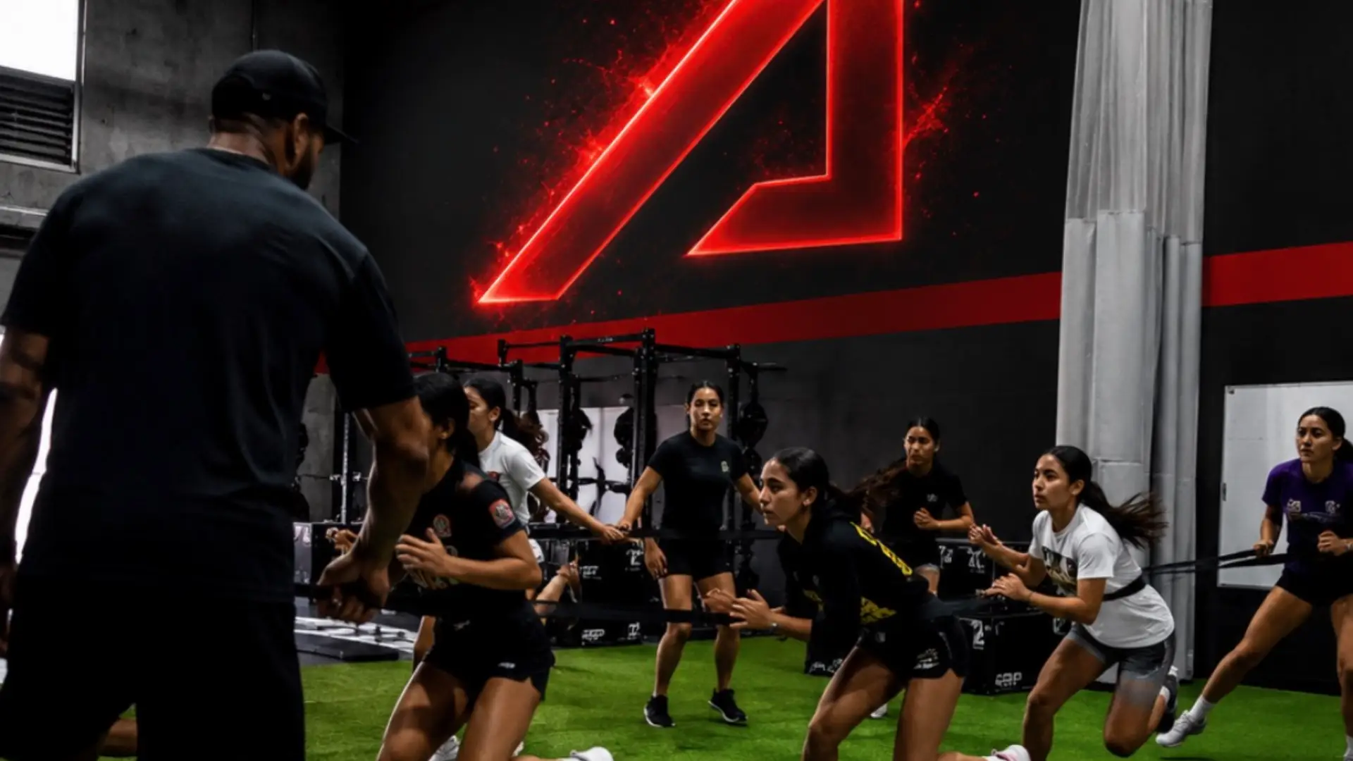 Athletes performing sprint drills on indoor turf during a group training session at ATHLTX Sports Performance in Waipahu, HI.