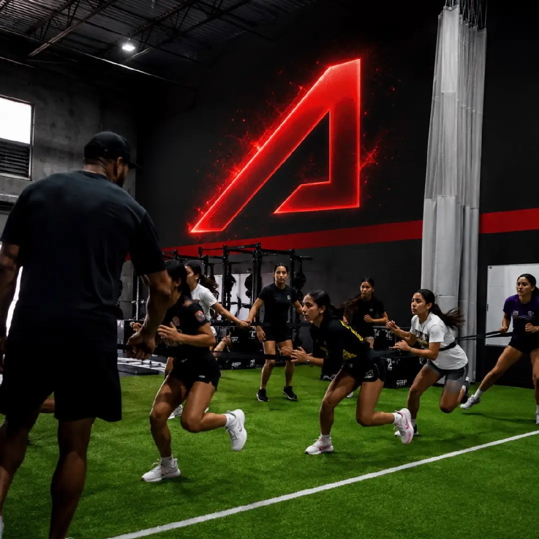 Athletes performing sprint drills on indoor turf during a group training session at ATHLTX Sports Performance in Waipahu, HI.