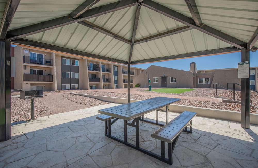Underneath pergola with seating