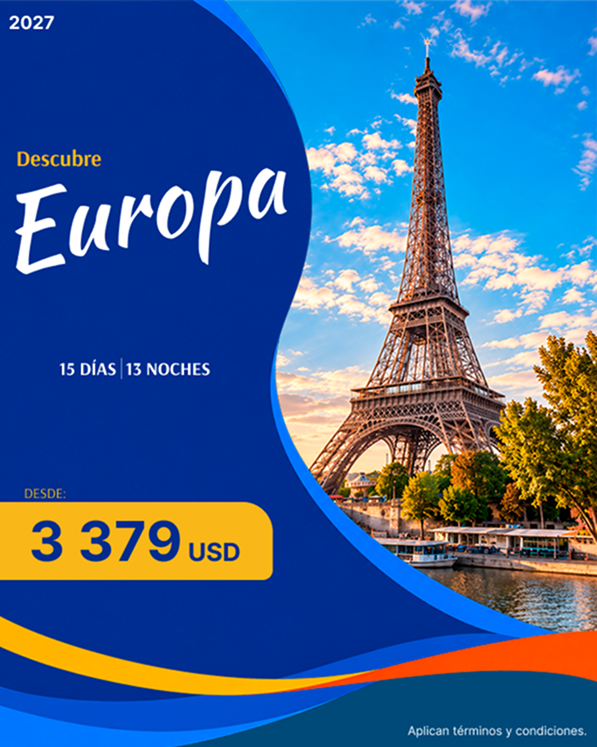 Promoción de viaje para descubrir Europa en 2027 con duración de 15 días y 13 noches, precio desde 3,379 USD, junto a una imagen de la Torre Eiffel al atardecer con cielo azul y nubes, árboles verdes y un río con barcos. Hotwings Travel, aplican términos y condiciones.